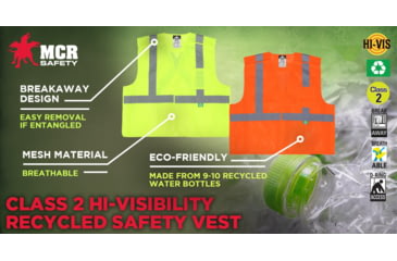 Image of MCR Safety Hi Vis Reflective Safety Vest, ANSI Type R Class 2, Mesh with 2in Silver Stripes, Five Point Break Away Design, Fluorescent Lime, XL, RXCL2MLXL