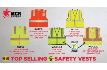 Image of MCR Safety Hi Vis Reflective Safety Vest, ANSI Type R Class 2, Solid with 2in Silver Stripes, Hook and Loop Front Closure, Fluorescent Lime, 2X, VCL2SLX2