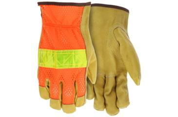 Image of MCR Safety Luminator Hi-Vis Leather Drivers Work Gloves, Premium Grade Grain Pigskin with Mesh Back, Reflective Stripe, Beige, Large, 34111L