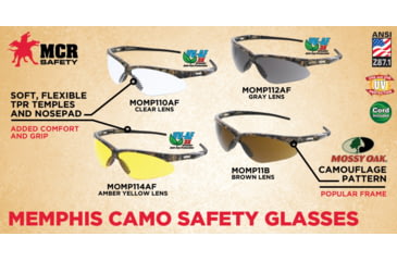 Image of MCR Safety Memphis Series Mossy Oak Camo Safety Glasses, UV-AF Anti-Fog Coating, Wrap Around Lens Design, Amber, One Size, MOMP114AF