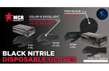Image of MCR Safety NitriShield Stealth Disposable Nitrile Gloves, Powder Free Industrial Food Service Grade, 12in Length, 6 mil Thickness, Black, Medium, 6062M