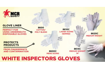 Image of MCR Safety Polyester/Cotton Lisle Inspectors Gloves - Mens, Large, White, Straight Thumb, Ambidextrous, 8600