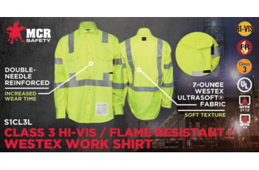 Image of MCR Safety S1CL3LXL Flame Resistant Work Shirt, Class 3 Hi-Visibility Protection, 2in Silver FR Reflective Stripes, Fluorescent Lime, XL, S1CL3LXL