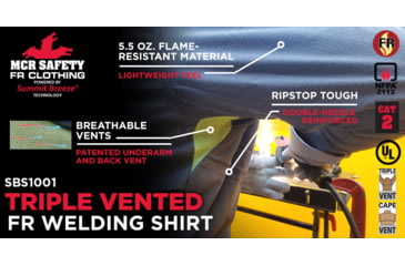 Image of MCR Safety Summit Breeze Flame Resistant Shirt, 5.5oz Inherent Blend, Long Sleeve with Vented Underarms and Back, CAT 2, Gray, S, SBS1001S