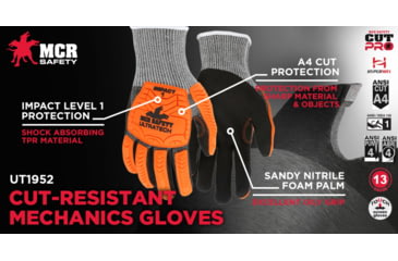 Image of MCR Safety UltraTech Mechanics Gloves, Cut Pro 13 Gauge HyperMax Shell with Sandy Nitrile Foam Palm and Fingertips, Black/Salt and Pepper, Large, UT1952L