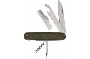 Image of Miscellaneous Military Folding Knife, Stainless blade, standard screwdriver, bottle open, OD green composition handles with Bundeswehr symbo, MI212