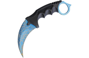 Image of Miscellaneous Spider Web Neck Knife, 7.25in Overall, 3.5in SS Karambit Blade, Black Finger Grooved Nylon Handle, Blue Blade w/ Spider Web Artwork, Black Nylon Neck Sheath, YC-9115-BW