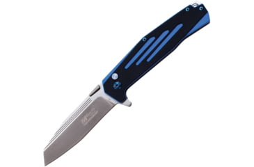 Image of Mtech Button Lock Black/Blue Folding Knife, 3.5 satin finish stainless blade, Black and blue G10 handle, MTE-FDR034-BL