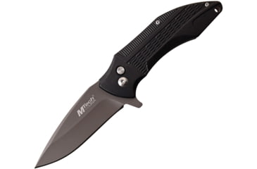 Image of Mtech Button Lock Folding Knife, 3.25in Gray Titanium Coated SS Drop Point, Black Textured Aluminum Handle, Pocket Clip, MT-1034BK