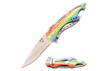 Image of Mtech Drop Point Spring Assisted Knife w/Bottle Opener, 3.5 in, 3Cr13 Stainless Steel Stainless Steel, Serrated, Rainbow, MT-A705RB
