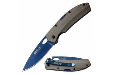Image of Mtech MT-1076GY Manual Folding Knife, 3in, 3CR13 Stainless Steel, Drop Point, Blue Blade, Aluminum Handle, Gray, MT-1076GY