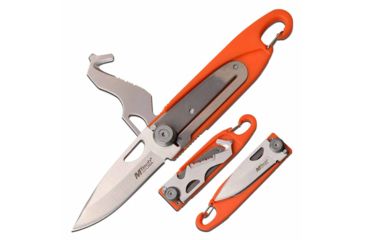 Image of Mtech MT-1102OR Manual Folding Knife, 2.5in, 3CR13 Stainless Steel, Drop Point, Steel Blade, Nylon Fiber Handle w/Multitool Blade and Carabiner, Orange, MT-1102OR