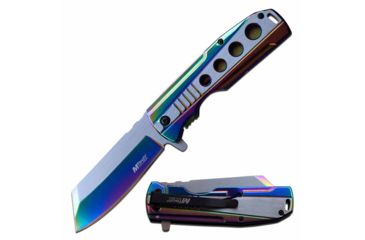 Image of Mtech MT-A1107RB Spring Assisted Knife, 3.75in, 3CR13 Stainless Steel, Reversed Tanto, Blue/Steel Blade, Stainless Steel Handle, Rainbow, MT-A1107RB