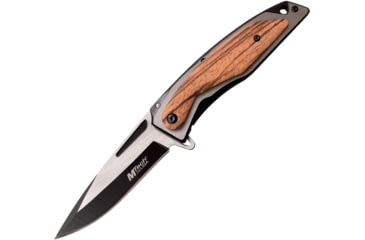 Image of Mtech Wood Framelock A/O Folding Knife, 3.75 two-tone finish 3Cr13 stainless blade, Stainless handle with Light brown pakkawood onlay, MT-A1153BWD