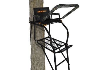 Image of Muddy Huntsman Ladderstand, 1-1in Ratchet Strap, Stabilizer Straps, Adjustable Support Bar, Full Body Arrest Harness, Adjustable Padded Shooting Rail that flips back, Black/Camo, MLS1200