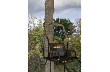 Image of Muddy Huntsman Ladderstand, 1-1in Ratchet Strap, Stabilizer Straps, Adjustable Support Bar, Full Body Arrest Harness, Adjustable Padded Shooting Rail that flips back, Black/Camo, MLS1200