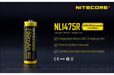 Image of Nitecore NL1475R 750mAh USB Rechargeable 14500 Battery, Yellow, 6952506492404