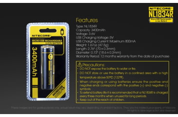 Image of Nitecore NL1834R 3400mAh USB Rechargeable 18650 Battery, Yellow, 6952506492305