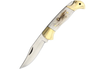 Image of Ole Smoky Stag Lockback Folding Pocket Folding Knife, 3in Satin SS Clip Point Blade, Stag Bone Handle, Brown Leather Sheath, OS89