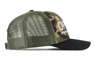 Image of OPMOD Trucker Hat Embroidered Logo, Green Camo/Loden/Black, OPM-Gro/Lod/Bla Camden/Bck