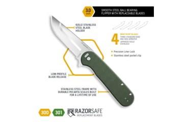 Image of Outdoor Edge Cutlery Razor VX3 Folding Knife, 3in, Japanese 420J2 Stainless Blade, Green Micarta Handle, VX330BC