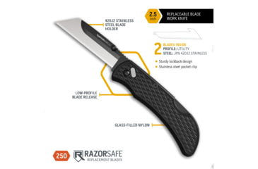 Image of Outdoor Edge Cutlery RazorWork Replaceable Blade Utility Folding Knife, 2.5in, Stainless Steel Plain Edge, Black Handle, Box, RWK25-2