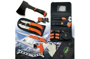 Image of Outdoor Edge Cutlery The Outfitter Hunting Set - Gut-hook Skinner,Caping Knife, Folding Fillet Knife, Wood-Devil Hatchet,Saw,Ribcage Spreader,Cleaning Gloves,Sharpener OF-1