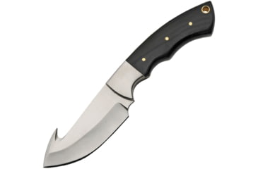 Image of Pakistan 8022 7.5in Guthook Knife, 7.5in Overall, 3.25in Satin SS Guthook Blade, Finger Grooved Buffalo Horn Handle, SS Guard, Brown Leather Sheath, DH-8022HN