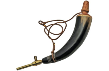 Image of Pakistan Powder Horn Brass Tap, 15in Overall, 11in Powder Horn Length, Brass Tap, Leather Strap, Black, 230961