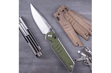 Image of Real Steel Sacra Green Micarta Folding Knife, 4.13in Closed, 3.13in Stonewash Bohler K110 SS Blade, Green Canvas Micarta Handle, 7711G