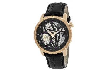 Image of Reign Mens Xavier Automatic Skeleton Dial Crocodile-Embossed Leather Strap Watch Rose Gold Bezel, Rose Gold/Circle-shaped Case, Black/analog Dial, Rose Gold Hands REIRN3906