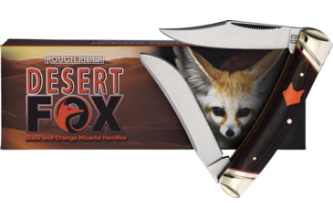 Image of Rough Rider Desert Fox Small Moose Knife, 3.5in Closed, Satin Stainless Clip/Long Spey Blades, Black/Orange Micarta Handle, RR2301 KC016R 3.5"