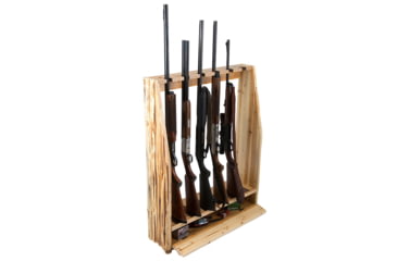 Image of Rush Creek Creations Rustic Wood 6 Gun Storage Rack w/Accessory Compartment, Natural Pine Skip Peel, 37-0037