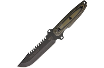 Image of Shadow Tech Trail Blazer Knife, 11.63in Overall, 5.75in Black Powder Coated Sawback 8670 Steel Blade, Black/Green G10 Handle, Sheath, STK1032BK