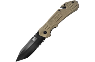 Image of Smith &amp; Wesson M&amp;P Linerlock Assisted Opening Folding Knife, 3.25in Black Partially Serrated SS Tanto Blade, Tan Rubberized Aluminum Handle, 4.63in Closed, Belt/Cord Cutter, Pocket Clip, 1100076