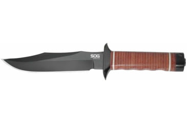 Image of SOG Specialty Knives &amp; Tools Bowie 2.0 Fixed Blade Knife, 6.4in, AUS-8 Blade, Clip Point, Brown, Leather Washers Handle, Black, SOG-S1T-L