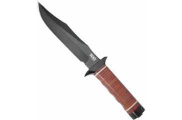 Image of SOG Specialty Knives &amp; Tools Bowie 2.0 Fixed Blade Knife, 6.4in, AUS-8 Blade, Clip Point, Brown, Leather Washers Handle, Black, SOG-S1T-L