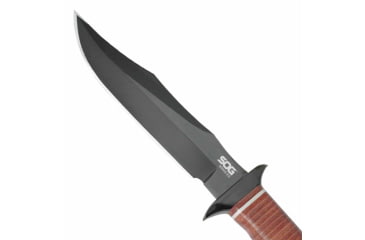 Image of SOG Specialty Knives &amp; Tools Bowie 2.0 Fixed Blade Knife, 6.4in, AUS-8 Blade, Clip Point, Brown, Leather Washers Handle, Black, SOG-S1T-L