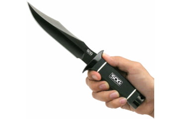 Image of SOG Specialty Knives &amp; Tools Tech Bowie Fixed Blade Knife, 6.4in, AUS-8 Blade, Clip Point, Black, Kraton Handle, Black, SOG-S10B-K