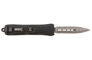 Image of Steel River Knives Spartan Mini OTF Automatic Folding Knife, 2.70in, 440C SS, Dagger Plain Blade, Damascus, Black w/ Carbon Fiber Inlay Handle, MA163BDD