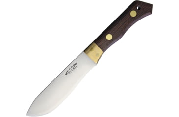 Image of Svord Utility Skinner Knife, 9.25in Overall, 5in Satin 15N20 Steel Blade, Brown Wood Handle, Brass Guard, Black Leather Sheath, US