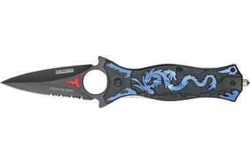 Image of Tac Force Dragon Linerlock Fold Knife, black coated HC SS dagger style blade, Blue dragon cutout TF707BL