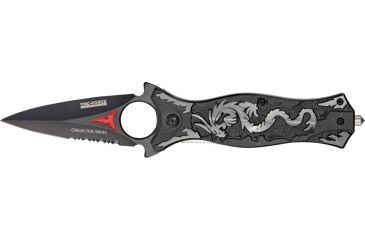 Image of Tac Force Dragon Linerlock Fold Knife, black coated HC SS dagger style blade, Gray dragon cutout TF707GY