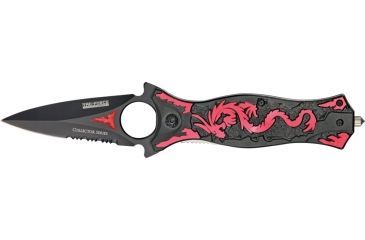 Image of Tac Force Dragon Linerlock Fold Knife, black coated HC SS dagger style blade, Red dragon cutout TF707RD