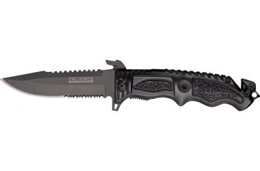 Image of Tac Force Rescue A/O Lock Fold Knife, 3 7/8, black HC steel A/O PS blade w/ sawback, Black fingergrooved anodized Alum. handle TF711BK