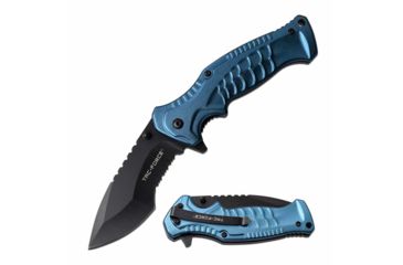 Image of TAC Force TF-993BL Spring Assisted Knife, 3.5in, 3CR13 Stainless Steel, Recurved, Half-Serrated, Black Blade, Aluminum Handle, Blue, TF-993BL