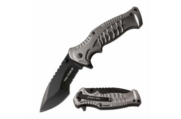 Image of TAC Force TF-993GY Spring Assisted Knife, 3.5in, 3CR13 Stainless Steel, Recurved, Half-Serrated, Black Blade, Aluminum Handle, Gray, TF-993GY