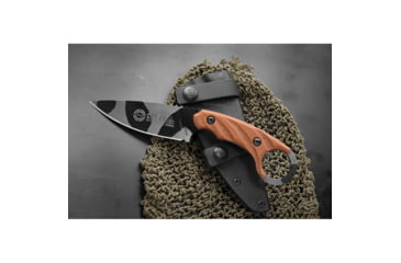 Image of TOPS Knives CUT Combat Utility Tool Knife, 8.5in Overall, 4.25in Camo 1095Hc Steel Blade, Tan Canvas Micarta Handle, Finger Ring, Dragonfly Tread Handle, Black Kydex Sheath, CUT-40-CAMO