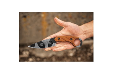 Image of TOPS Knives CUT Combat Utility Tool Knife, 8.5in Overall, 4.25in Camo 1095Hc Steel Blade, Tan Canvas Micarta Handle, Finger Ring, Dragonfly Tread Handle, Black Kydex Sheath, CUT-40-CAMO