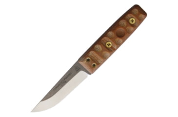 Image of TOPS Knives Tanimboca Puukko Knife, 7.75in Overall, 3.5in Tumbled Finish 1095Hc Steel Blade, Tan Canvas Micarta Handle, Rocky Mountain Tread Handle, Brown Leather Sheath, TPUK-01-RMT